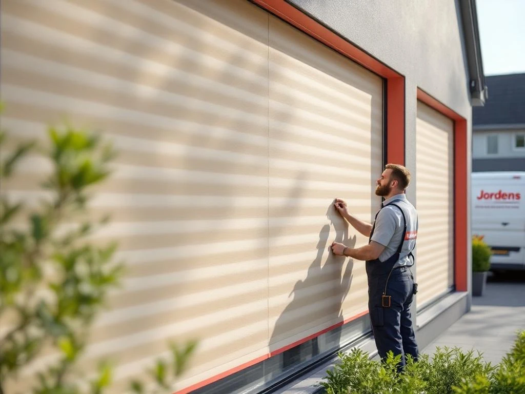 Aluminium rolluiken in beige met koraal accenten op moderne Nederlandse woning, Jordens vakman inspecteert installatie