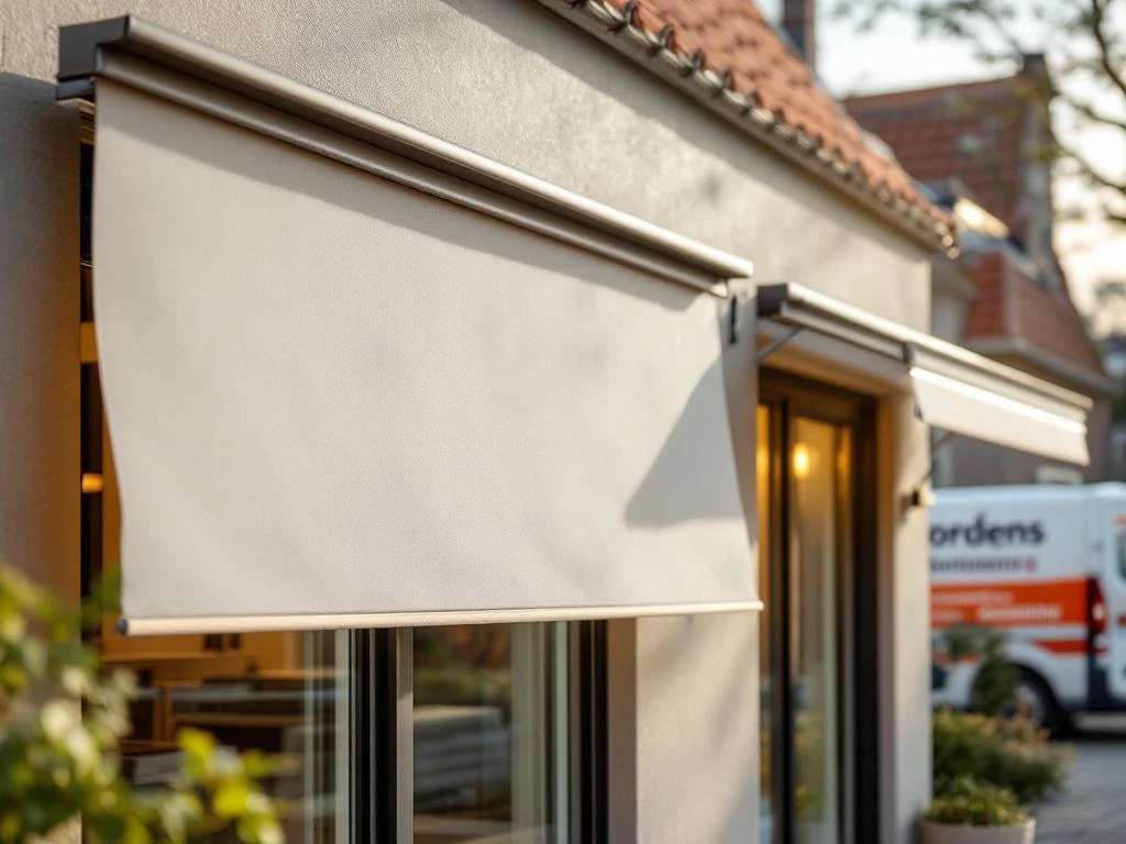 Moderne Nederlandse woning met aluminium screens en traditionele zonwering, Jordens bedrijfswagen op achtergrond