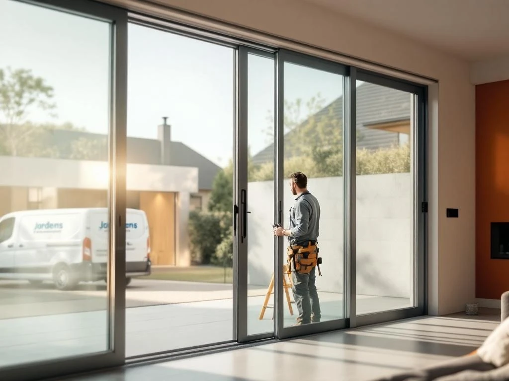 Jordens monteur installeert automatische schuifpui in moderne Nederlandse woning met glazen panelen en bedieningspaneel