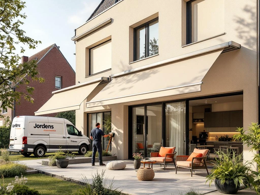 Moderne Nederlandse woning met automatische zonwering systemen en uitschuifbare zonneschermen, Jordens installatiebusje op achtergrond