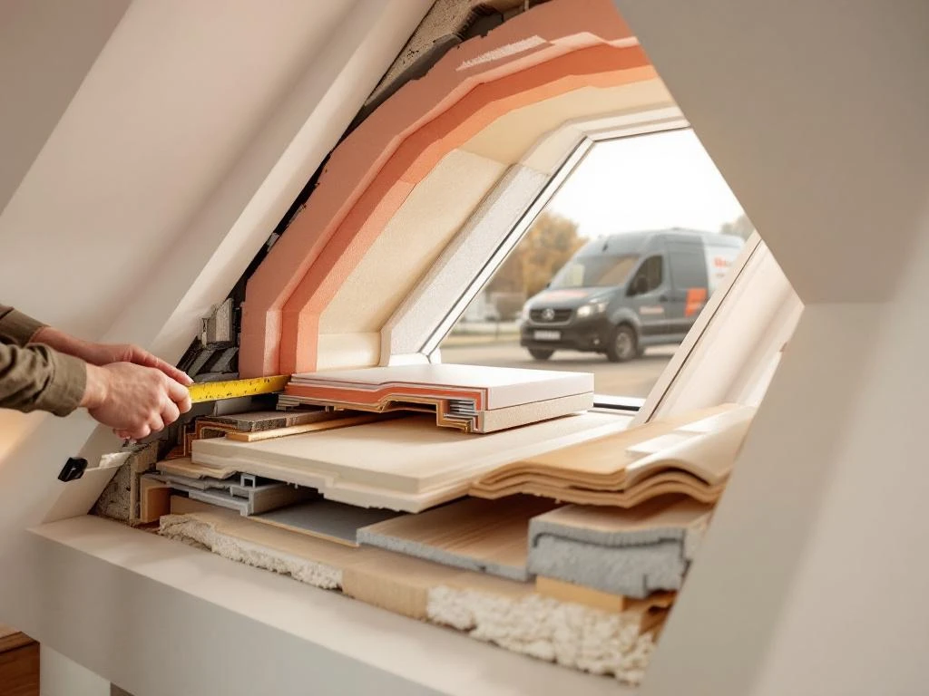 Dakkapel doorsnede toont isolatie en constructielagen met Jordens vakman die premium materialen meet