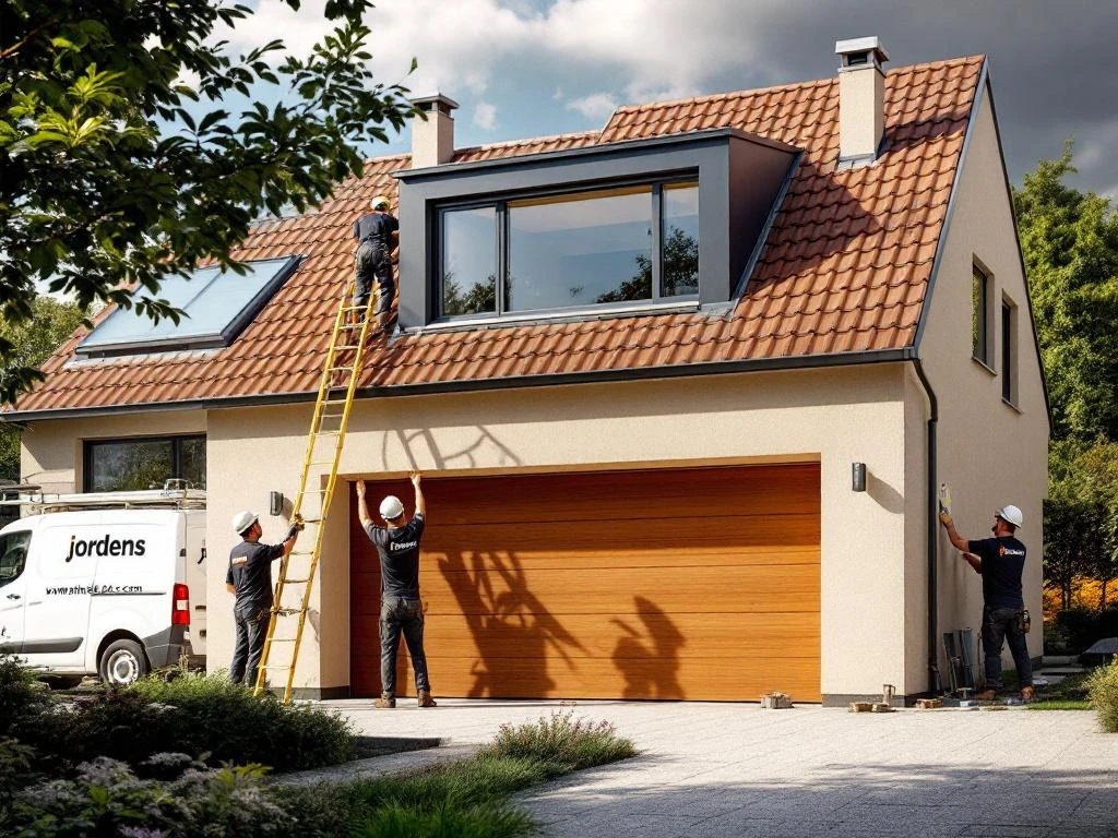 Professionele dakkapel installatie door Jordens vakmensen op moderne garage met eigentijdse architectuur