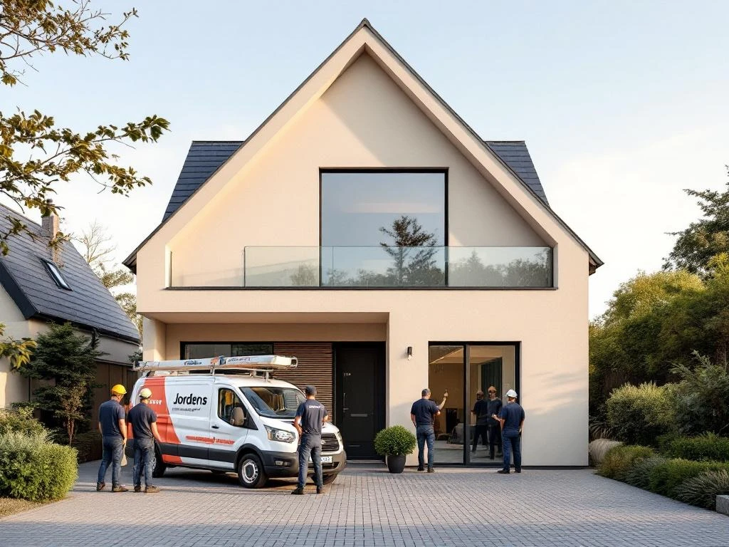 Moderne dakkapel met beige PVC kozijnen geïnstalleerd door Jordens vakmannen, bedrijfswagen zichtbaar in oprit