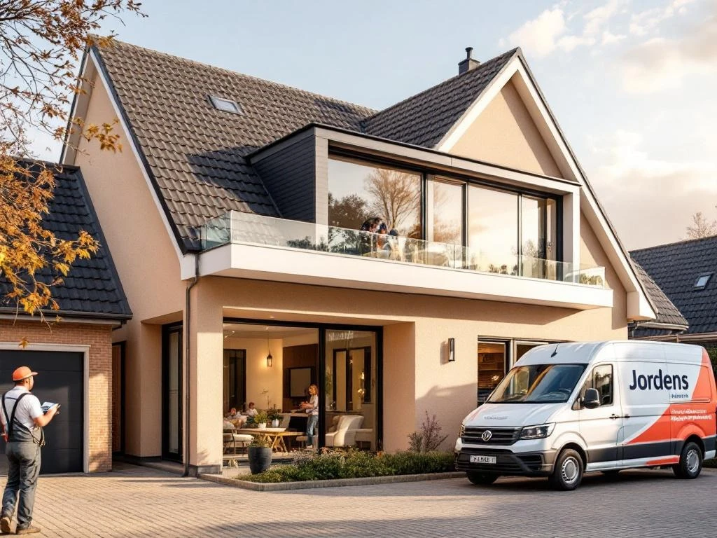 Jordens vakman inspecteert moderne dakkapel met PVC kozijnen op Nederlands woonhuis, bedrijfswagen zichtbaar op oprit