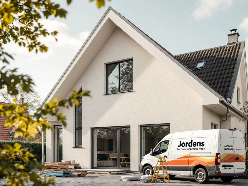 Moderne dakkapel met beige PVC kozijnen op Nederlands woonhuis, Jordens bedrijfswagen zichtbaar in oprit