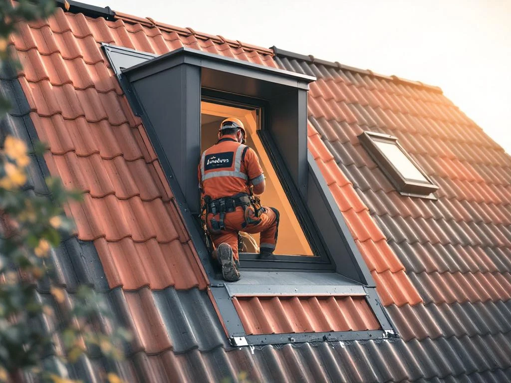 Jordens vakman installeert moderne dakkapel ter vervanging van oude Velux op Nederlands woonhuis dak