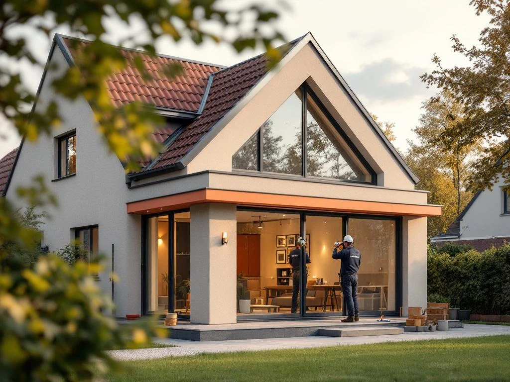 Jordens vakman installeert moderne dakkapel met PVC kozijnen in beige tinten op Nederlands woonhuis