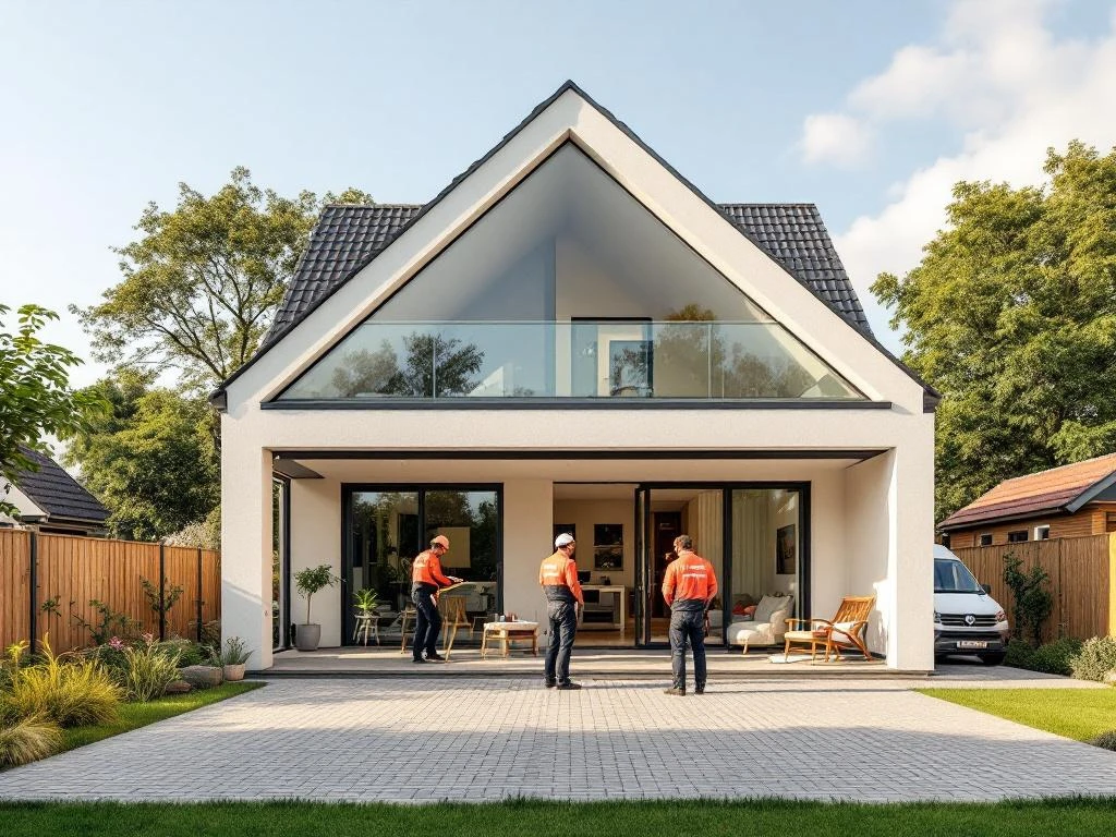 Jordens vakmensen installeren grote dakkapel op moderne Nederlandse woning met bedrijfswagen in oprit