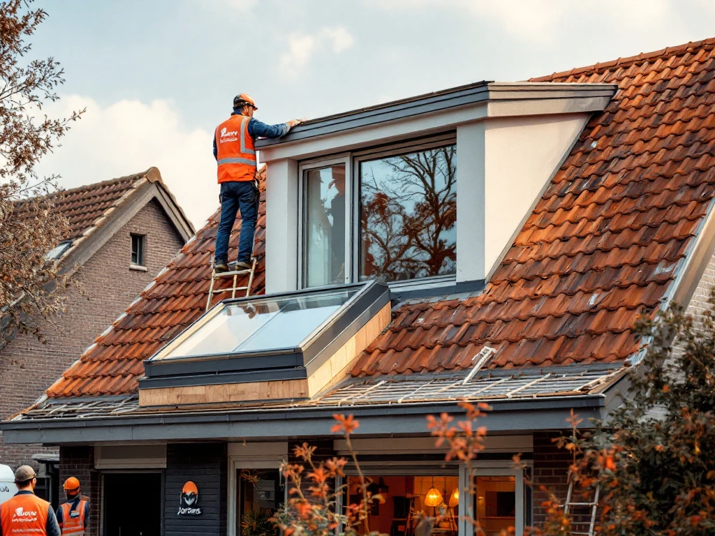 Jordens vakmannen installeren dakkapel op modern Nederlands huis, bedrijfswagen op achtergrond, natuurlijk daglicht
