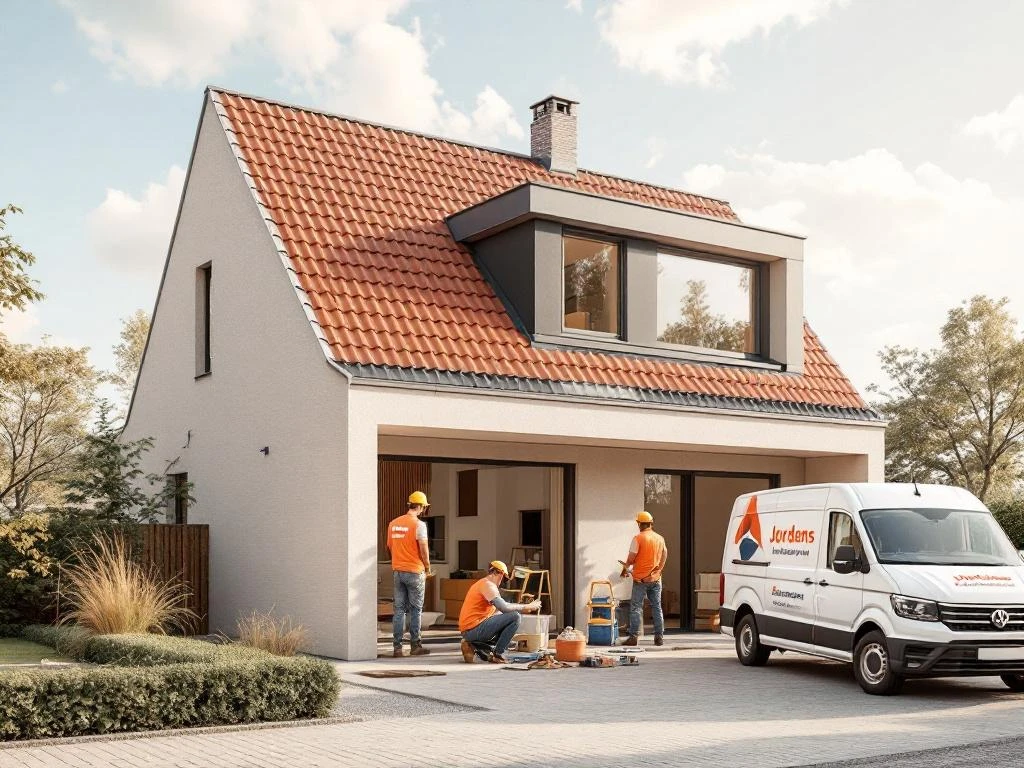 Nederlandse woning met nieuwe dakkapel, Jordens vakmannen aan het werk met bedrijfswagen op de achtergrond