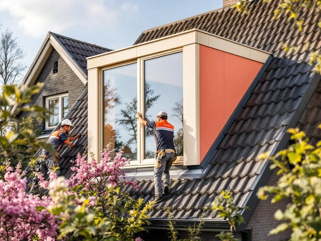 Moderne dakkapel installatie door Jordens vakmannen op Nederlands woonhuis met PVC kozijnen in beige tinten