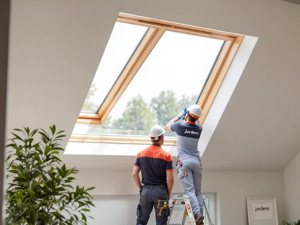 Jordens vaklieden installeren houten dakkapel met beige raamkozijnen en koraalaccenten op modern Nederlands huis