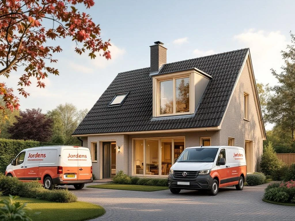 Nederlandse woning met nieuwe dakkapel van Jordens, warme beige PVC-kozijnen, bedrijfswagen zichtbaar in oprit