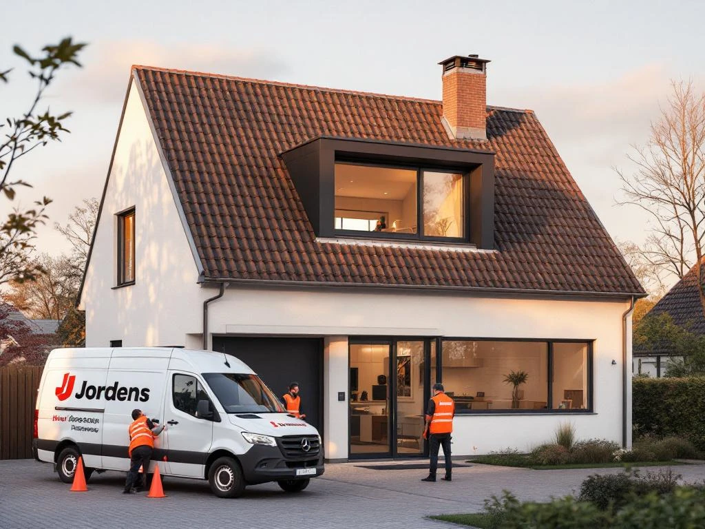 Moderne Nederlandse woning met nieuw geïnstalleerde dakkapel door Jordens vakmanschap, bedrijfswagen en monteurs zichtbaar