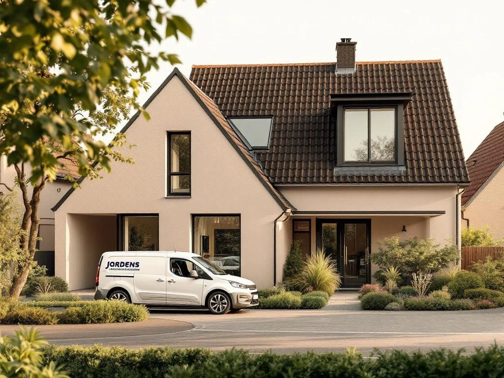 Nederlandse woonstraat met moderne dakkapel van Jordens naast traditioneel huis, bedrijfswagen op achtergrond