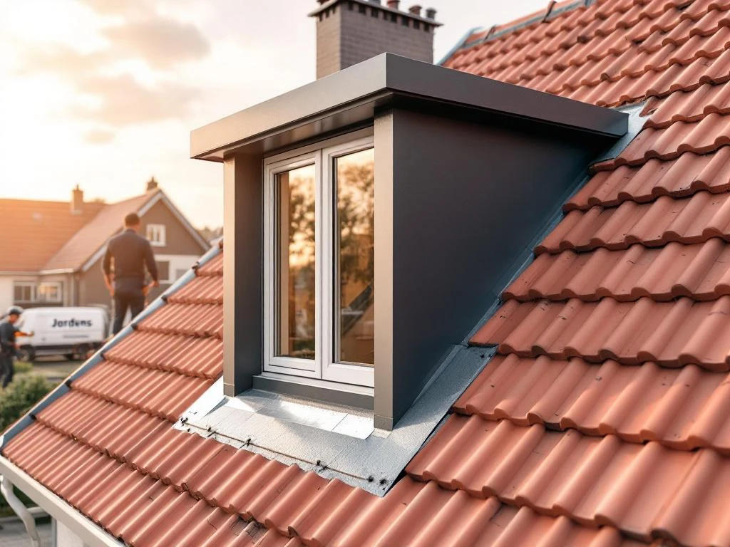 Moderne dakkapel met professionele waterdichte afwerking en loodwerk, Jordens vakmannen inspecteren installatie