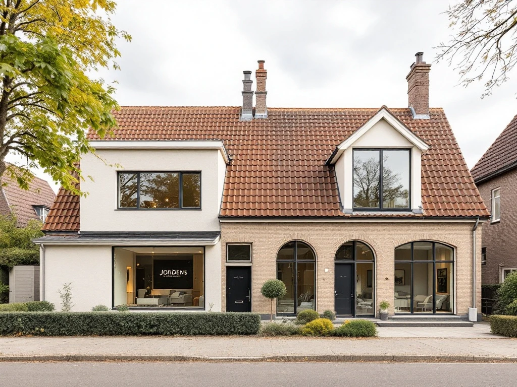 Nederlandse woning met moderne dakkapel en traditionele lucarne dakuitbouw, Jordens raamkozijnen zichtbaar