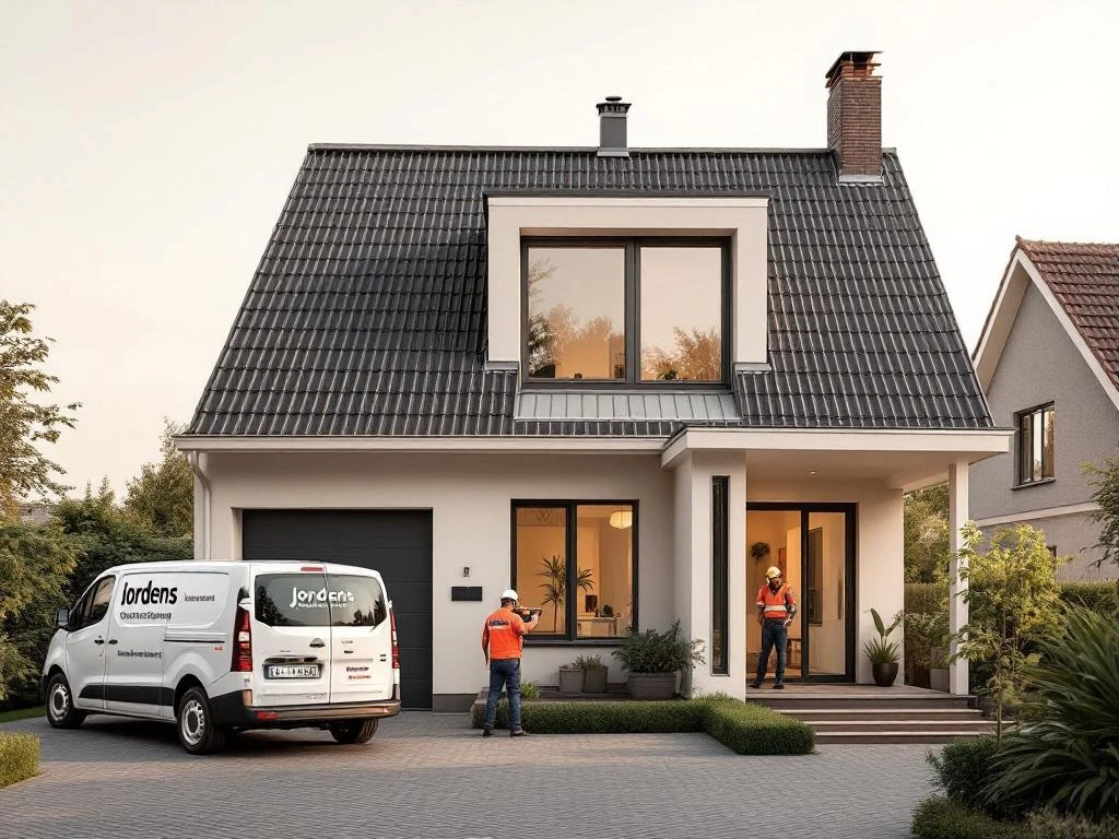 Moderne Nederlandse woning met beige PVC dakkapel, Jordens monteurs bezig met professionele installatie op dak