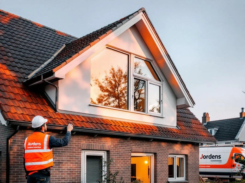 Jordens monteur installeert PVC ramen in moderne dakkapel van Nederlandse woning met bedrijfswagen op achtergrond