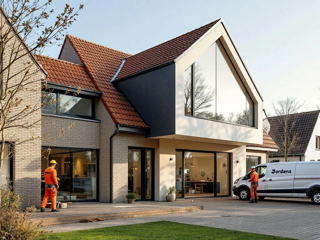 Jordens vakmensen installeren PVC raamkozijnen in moderne dakkapel renovatie van Nederlands woonhuis