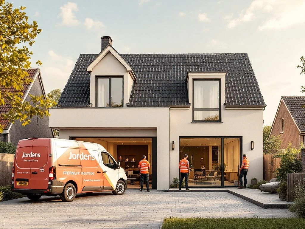 Moderne Nederlandse woning met dakkapel uitbreiding door Jordens, PVC ramen in beige met koraal accenten