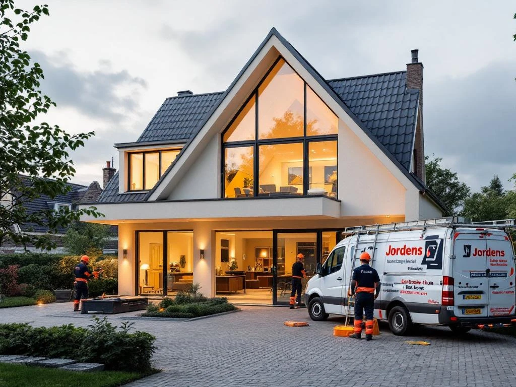 Moderne Nederlandse woning met dakkapel extensie door Jordens, PVC ramen in beige tinten, bedrijfswagen zichtbaar