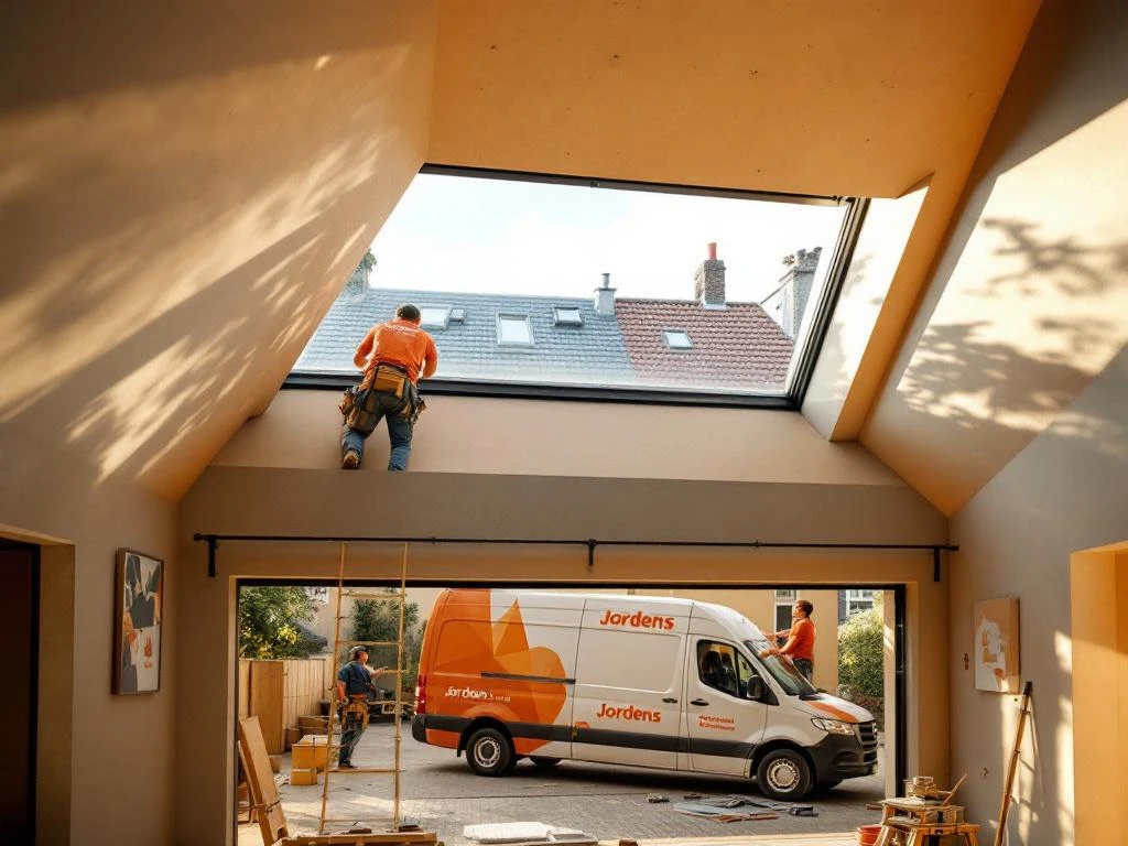 Jordens ambachtslieden installeren moderne dakkapel raamconversie met PVC kozijnen, bedrijfswagen zichtbaar beneden