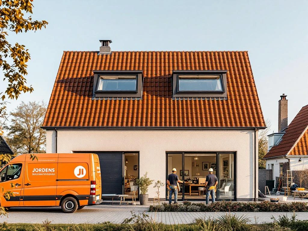 Moderne Nederlandse woning met dakramen en lichtkoepels, Jordens vakmannen installeren duurzame dakoplossingen