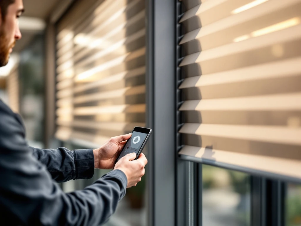 Jordens technicus installeert beige elektrische rolluiken met koraal accenten op moderne Nederlandse woning