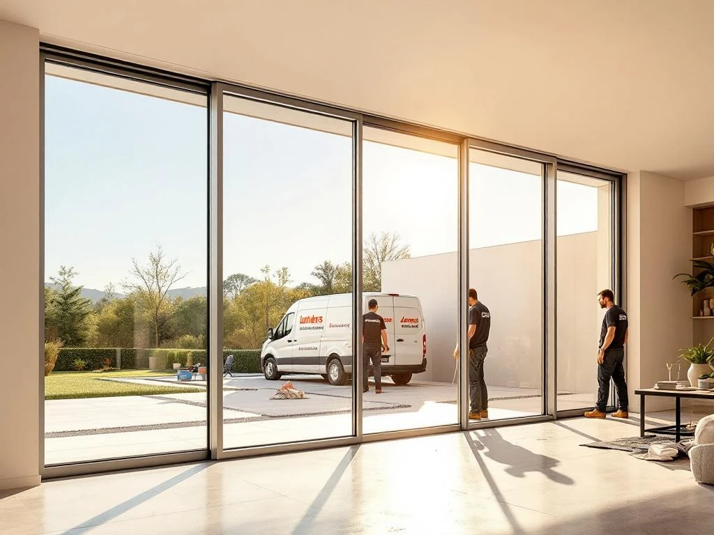 Moderne glazen schuifdeuren verbinden minimalistisch interieur met buitenterras, Jordens monteurs installeren panelen