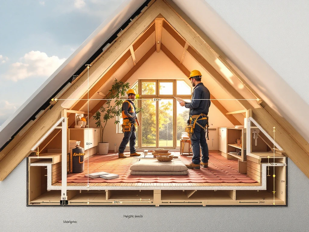 Jordens dakkapel installatie in Nederlandse zolder met vakman die dakstructuur inspecteert, natuurlijk licht door raam