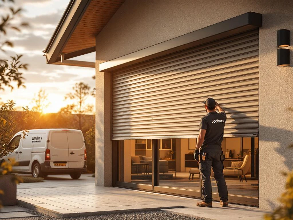 Jordens rolluiken op modern Nederlands huis met monteur die veiligheidsinstallatie inspecteert tijdens gouden uur