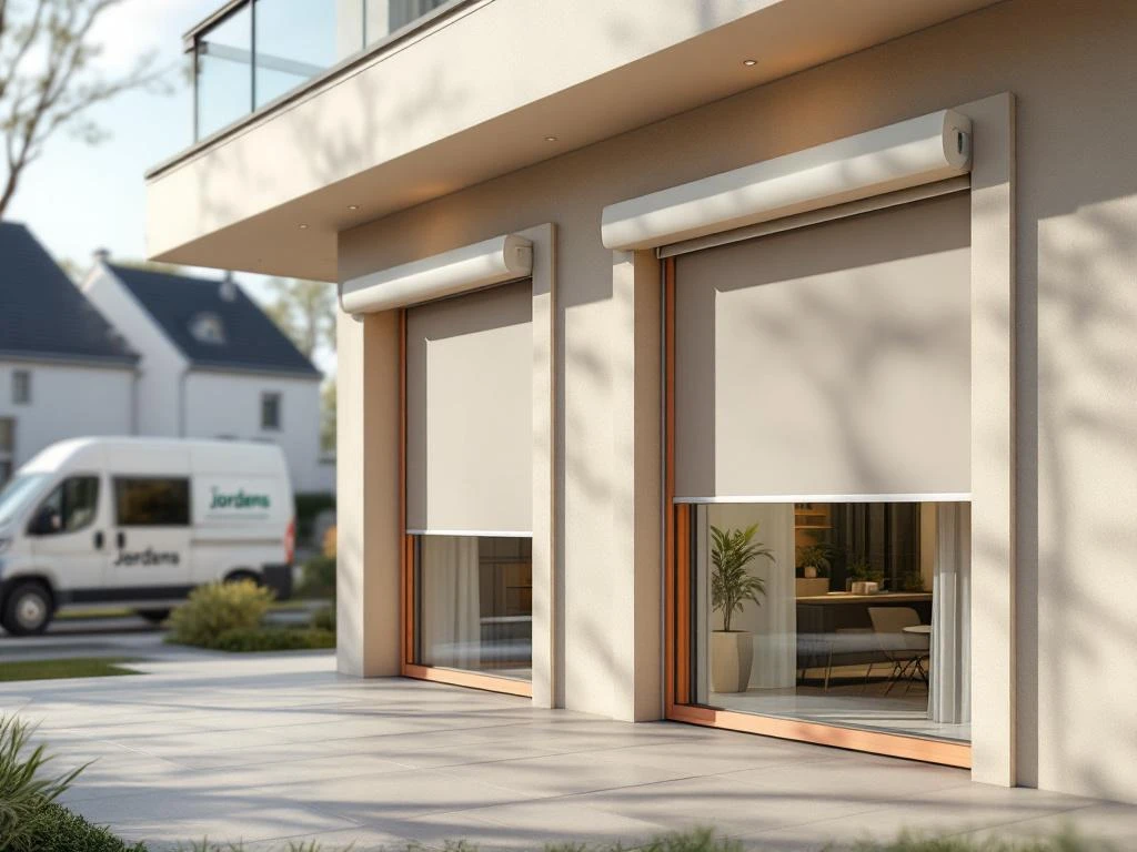 Moderne woning met Jordens rolluiken: handmatige en elektrische uitvoering naast elkaar, beige kozijnen met koraal accenten