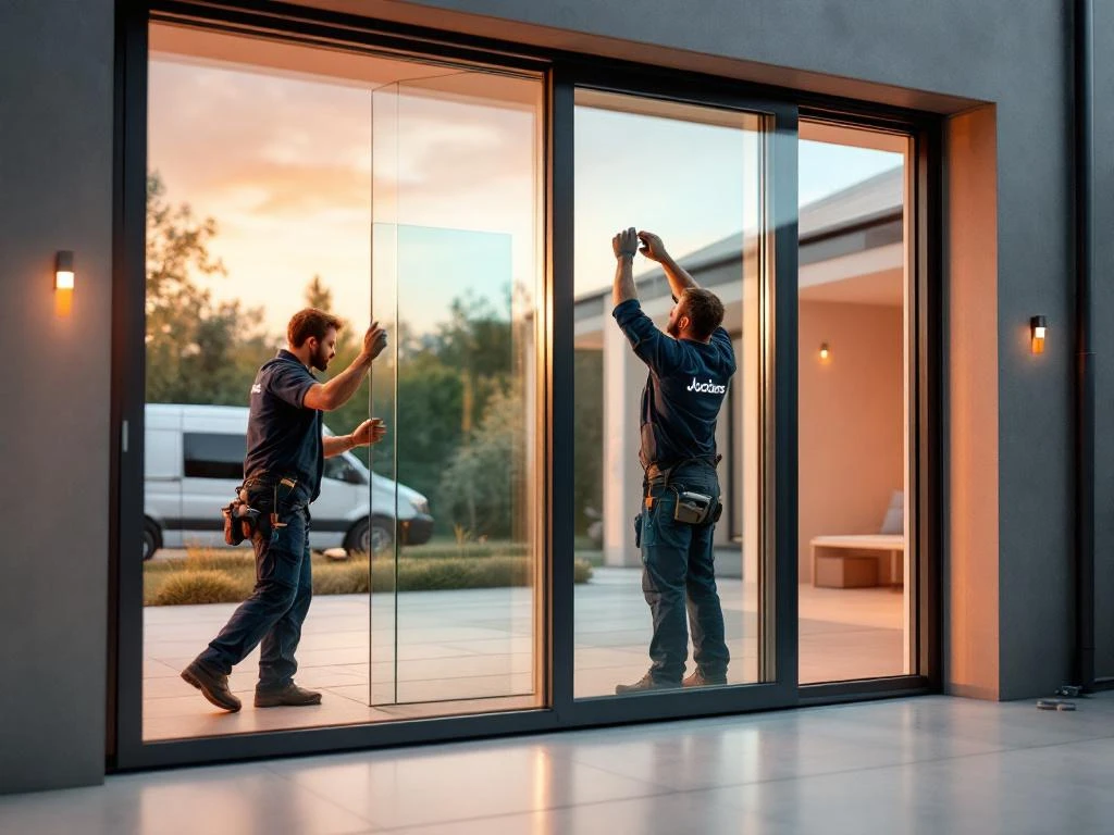 Jordens vakman installeert moderne glazen schuifdeuren met heldere en matte glaspanelen in aluminium frames