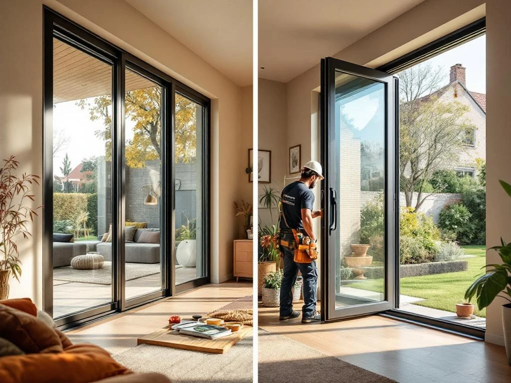 Jordens schuifpui en vouwpui installatie in modern Nederlands interieur met vakman in merkkleding