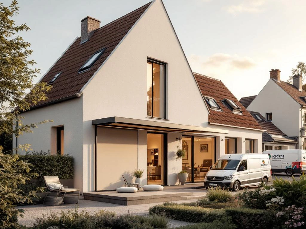 Jordens zonwering oplossingen op moderne Nederlandse woningen: screens, knikarmschermen en rolluiken in beige tinten