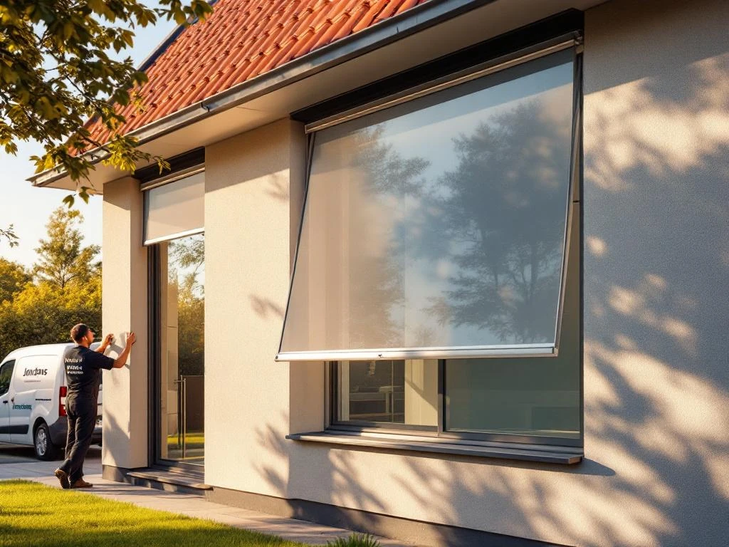 Modern Nederlands huis met Jordens zonwering gedeeltelijk neergelaten, toont energie-efficiëntie en thermisch comfort