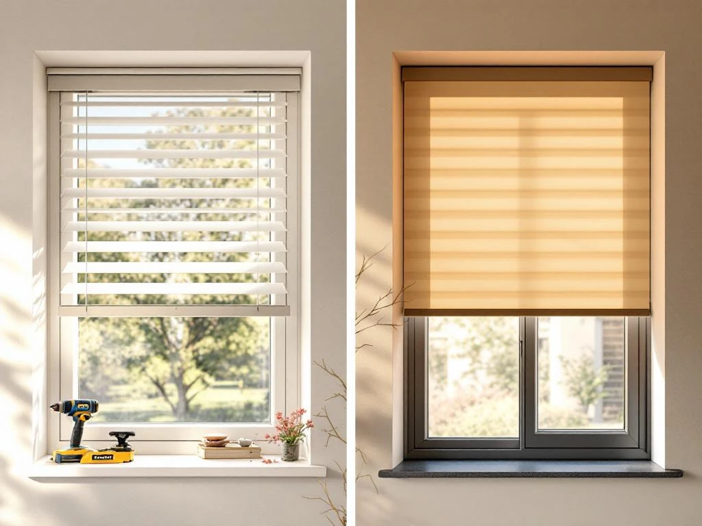 Jordens zonwering vergelijking: witte aluminium screens links, beige rolluiken rechts op moderne Nederlandse woning