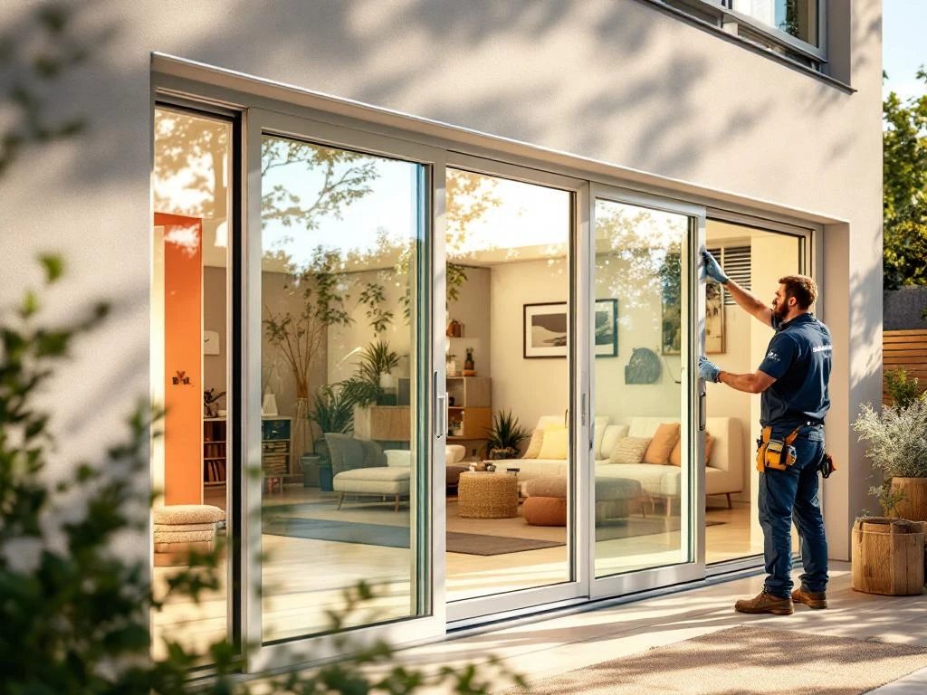 Professionele installatie van witte PVC schuifpui door Jordens vakman in moderne Nederlandse woning met grote glaspanelen