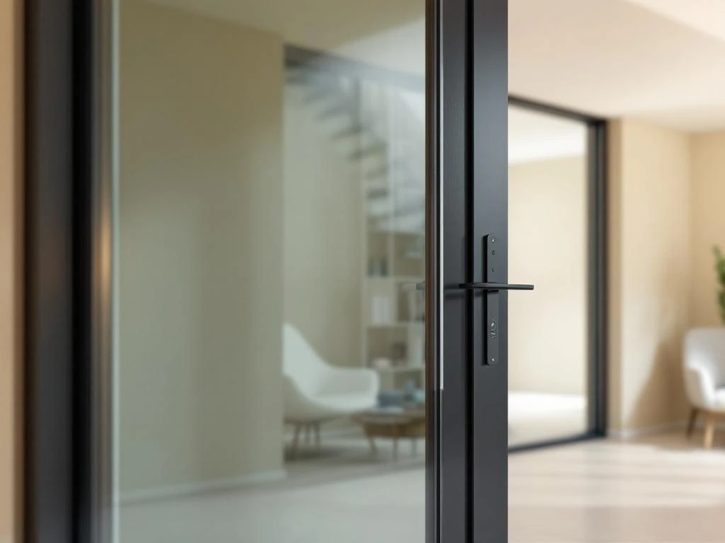 Moderne schuifdeur met meerpuntsslot en gehard glas in antraciet aluminium frame tegen beige muur