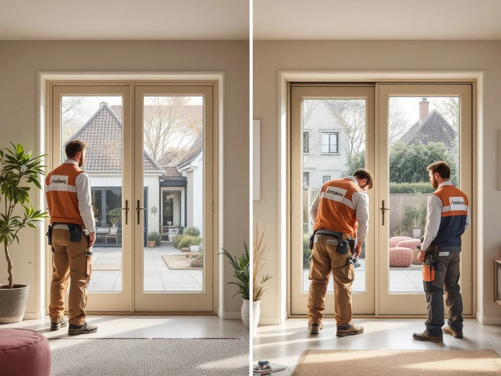 Jordens vakmannen installeren openslaande deuren en schuifpui in moderne Nederlandse woning met natuurlijk licht