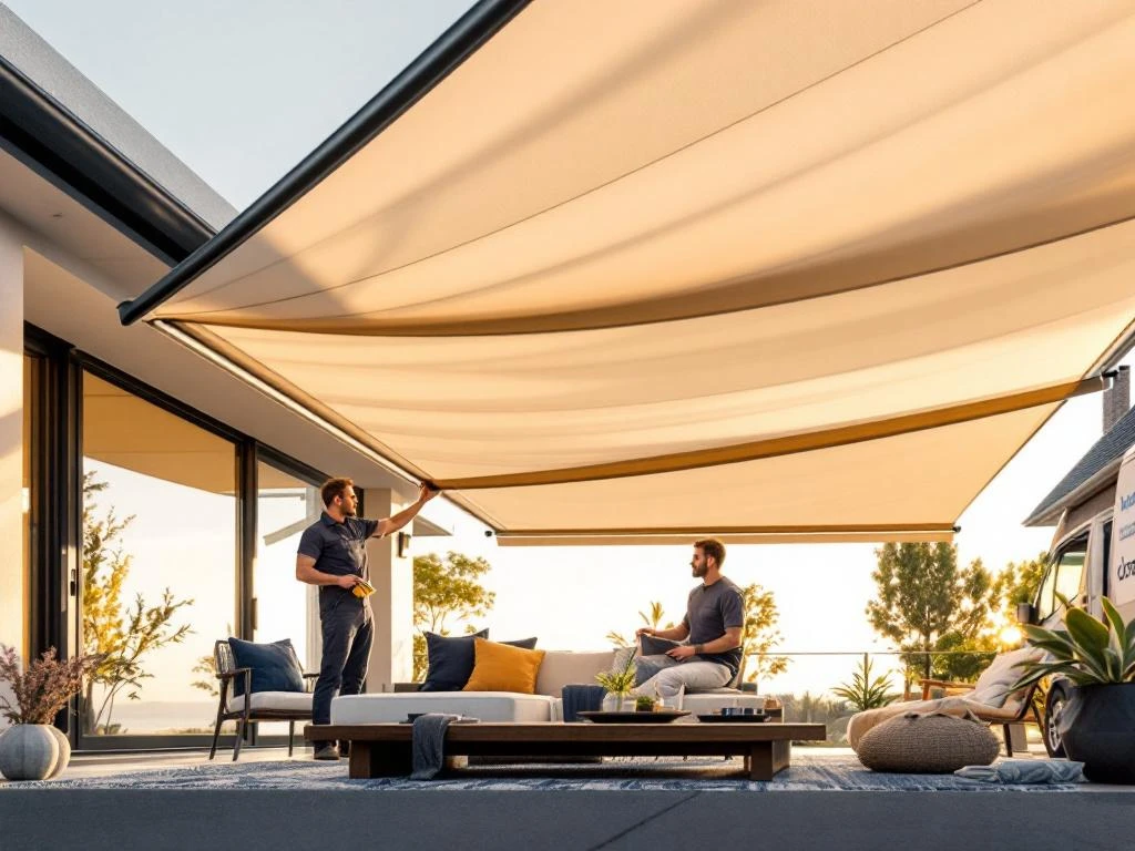 Moderne pergola met zonwering installatie door Jordens vakman, beige en koraal kleurenpalet, Nederlandse woning