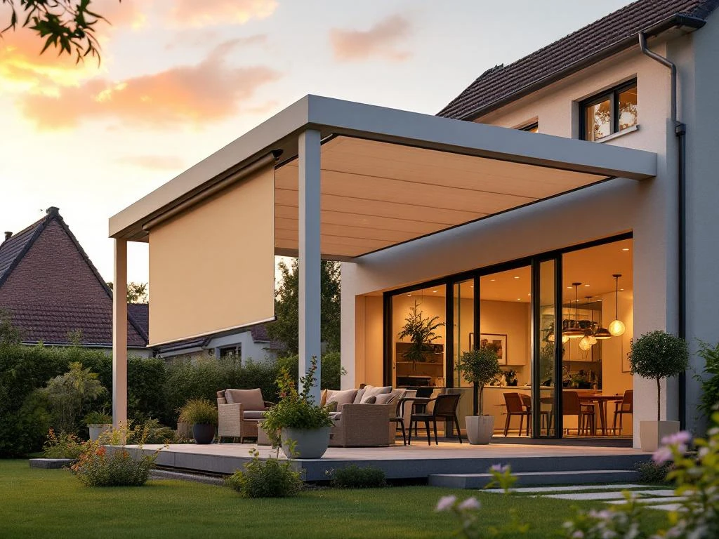 Moderne aluminium pergola met automatische zonwering en uitschuifbare screens in Nederlandse tuin met warme belichting