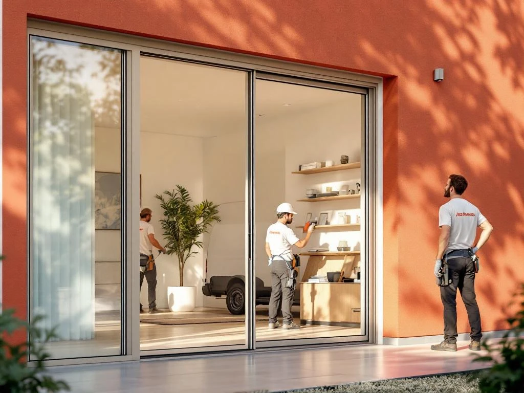 Modern Nederlands huis met beige PVC schuifdeuren en koraalkleurige accenten, Jordens monteurs installeren duurzame kozijnen