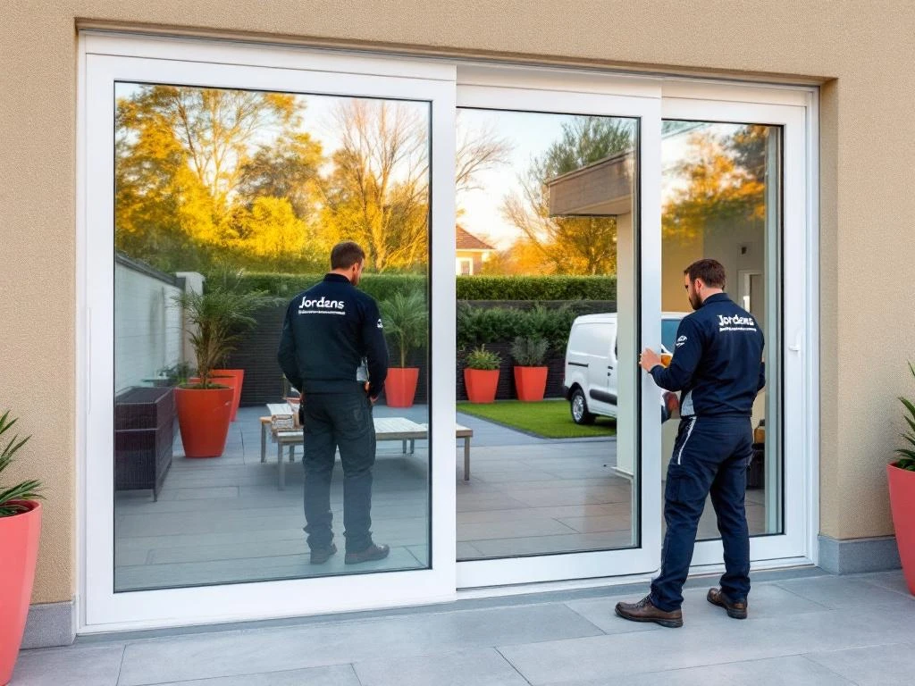 Jordens monteur installeert moderne PVC schuifpui met witte frames en grote glaspartijen bij Nederlandse woning