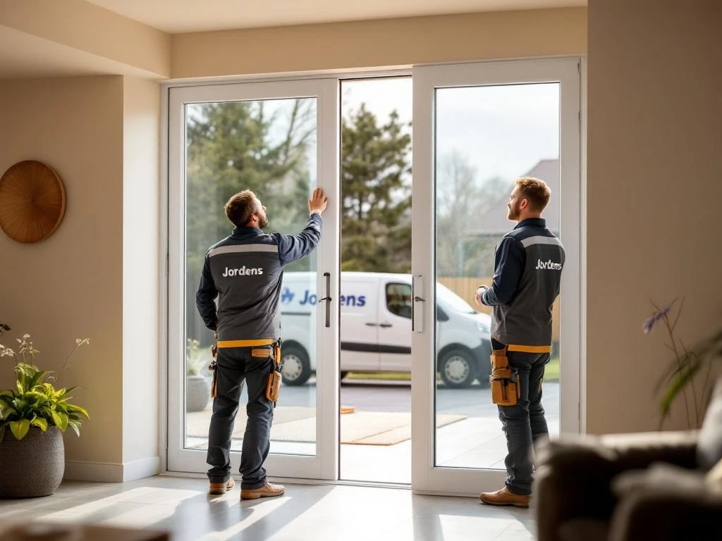 Jordens vakmensen installeren moderne witte PVC schuifdeuren bij Nederlandse woning met grote glaspanelen