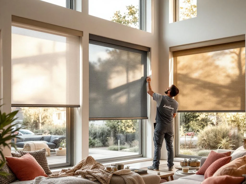 Jordens monteur installeert donkere rolgordijnen in moderne Nederlandse woonkamer met zonlicht door grote ramen
