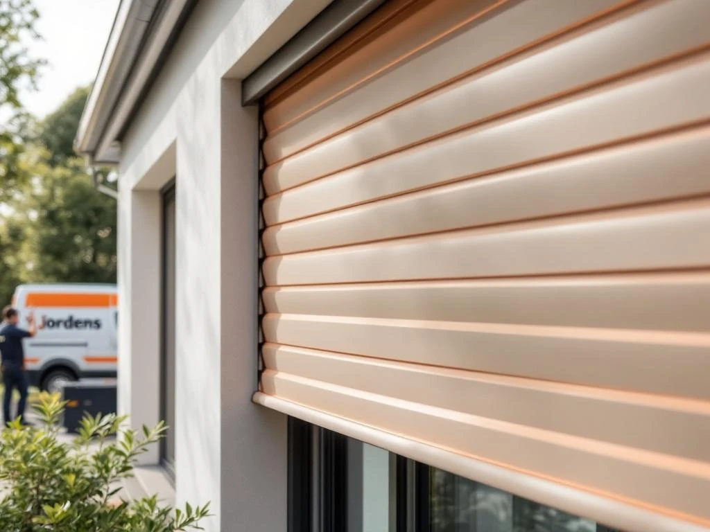 Elegante beige aluminium rolluiken op moderne Nederlandse woning, Jordens installatiebedrijf zichtbaar op achtergrond