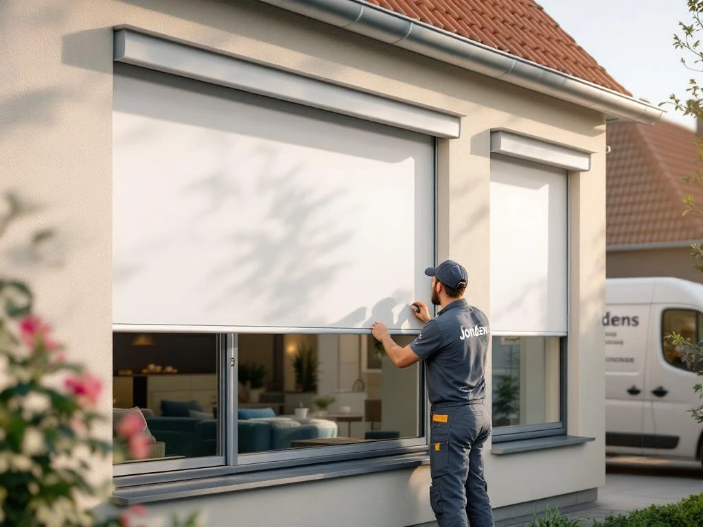 Witte rolluiken op moderne Nederlandse woning met Jordens monteur die energie-efficiënte shutters installeert