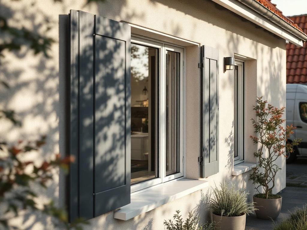 Moderne witte PVC ramen met donkergrijze rolluiken op Nederlandse woning, warme beige gevel met natuurlijk licht